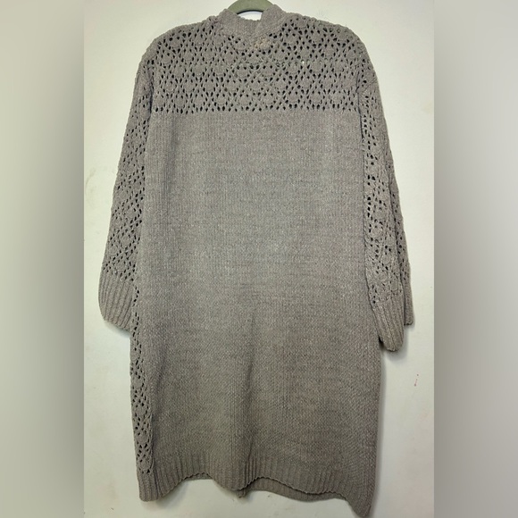 POL Taupe Gray Crochet Chenille Long Open Front Cardigan Size L - Picture 2 of 8